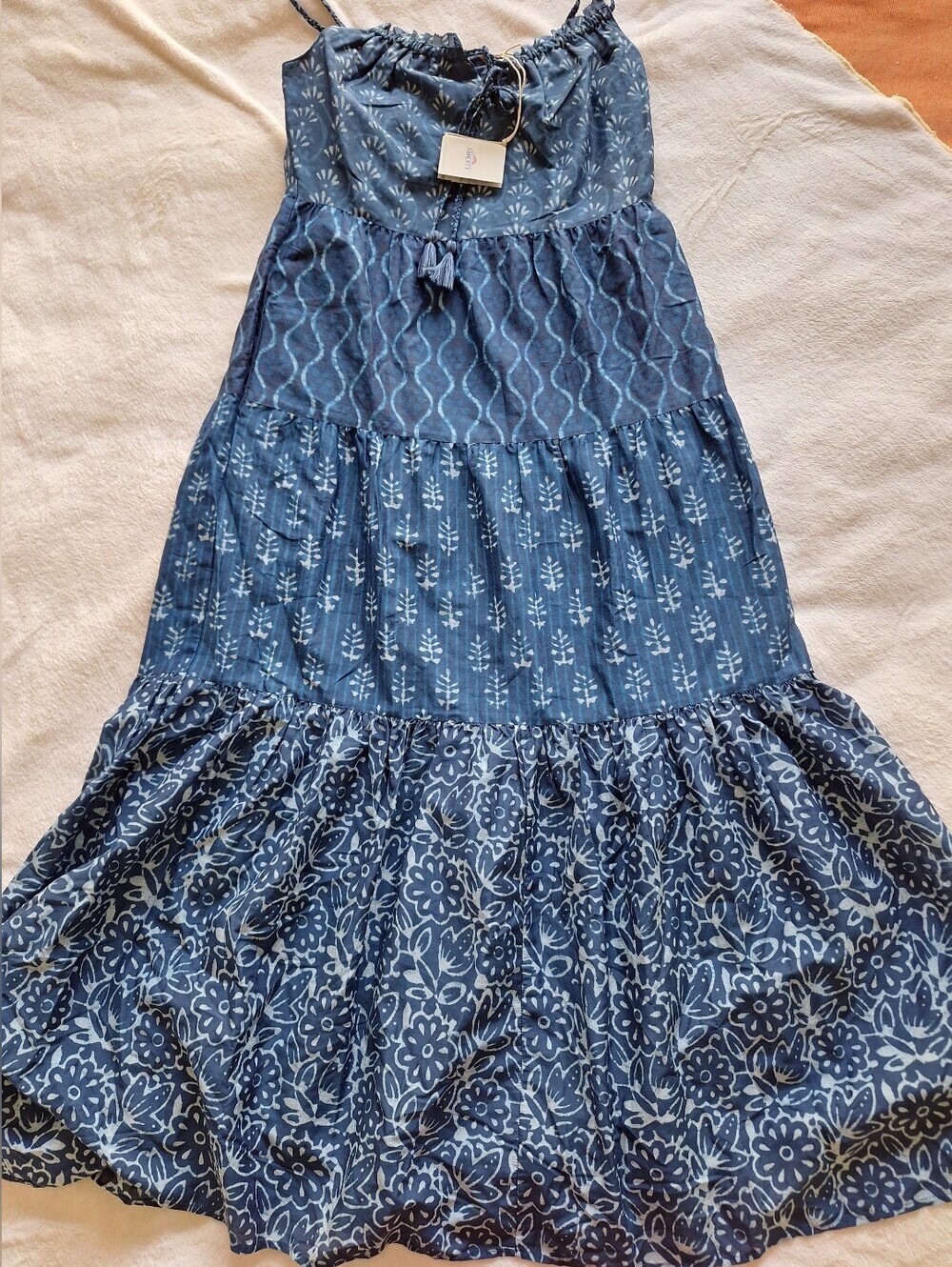 NWT Faherty Sun Chaser Maxi Dress Blue Mixed Print Cotton Silk XS $328